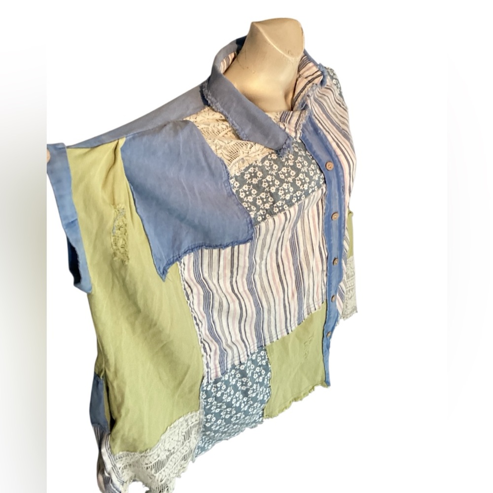 Blue Velvet Patchwork Button Down Bat-Wing Tunic/Shirt Sz S/M - Picture 4 of 10